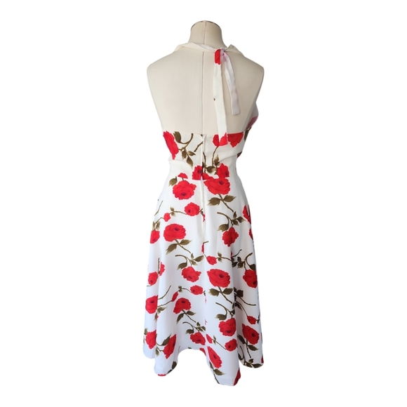 Stop Staring! White Halter Dress with Red Floral Print Size Small – Retro Pin-Up - Picture 5 of 9